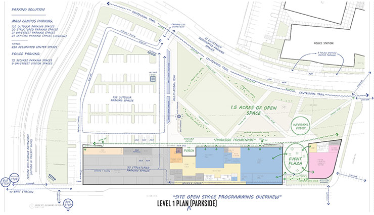 Architectural site plan of exterior space for Library and Parks & Rec Facility