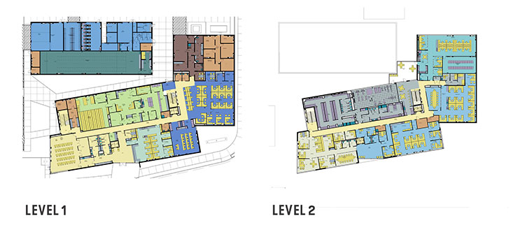 Architectural floor plans of Level 1 and 2 for new Police Station
